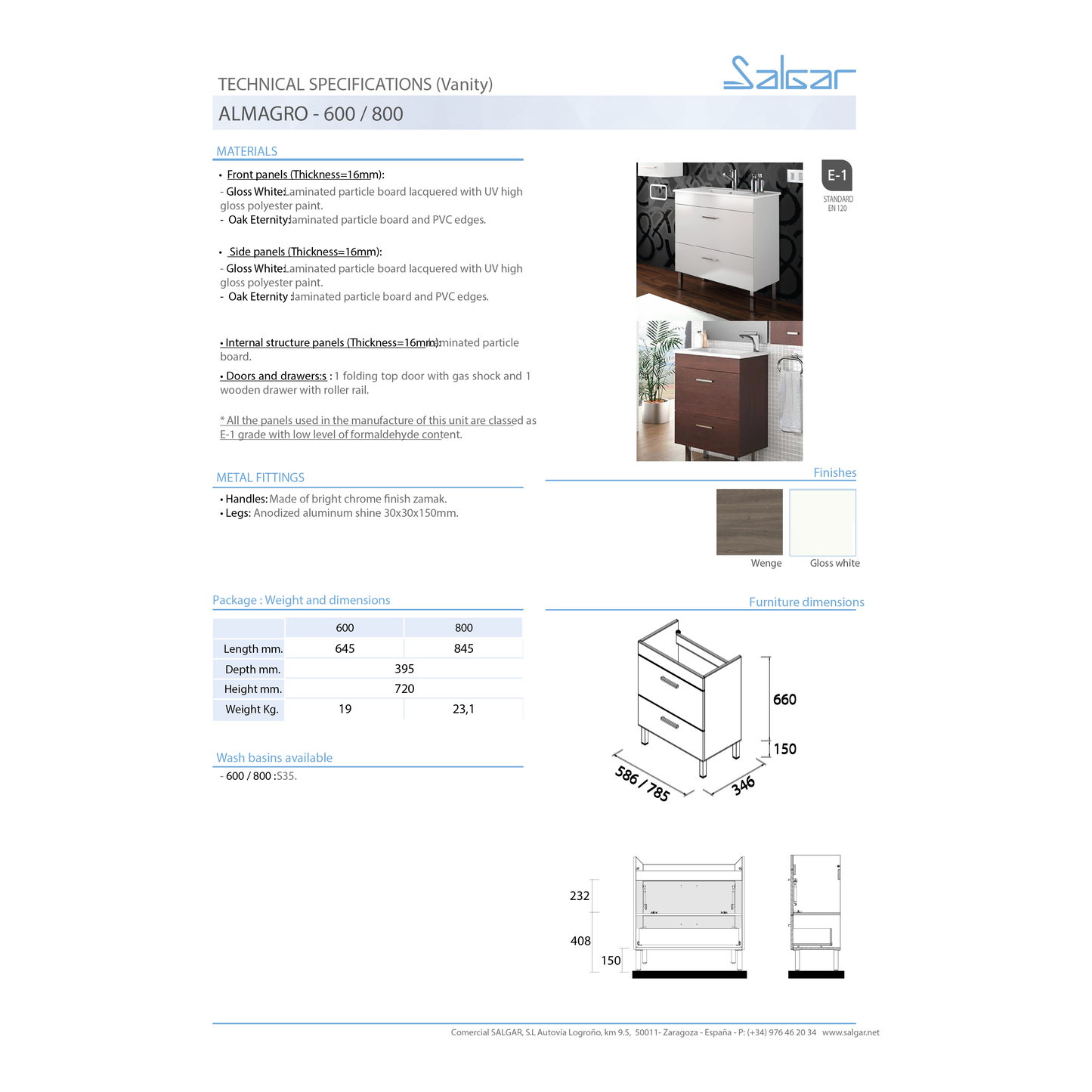Vanity Almagro 24 inches (600) floor standing 1 drawer + 1 door Gloss White
