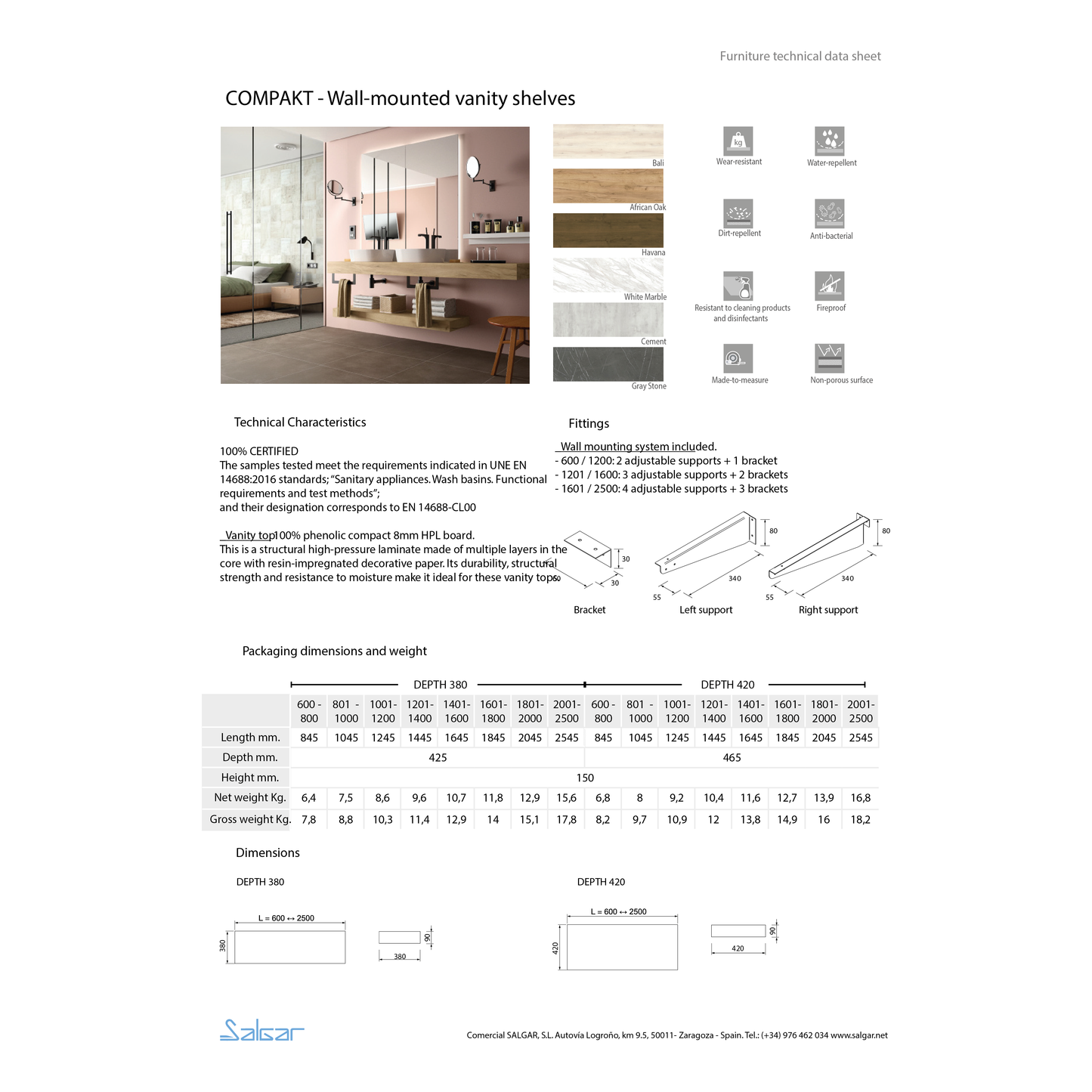 Compakt shelf 380mm depth White Marble