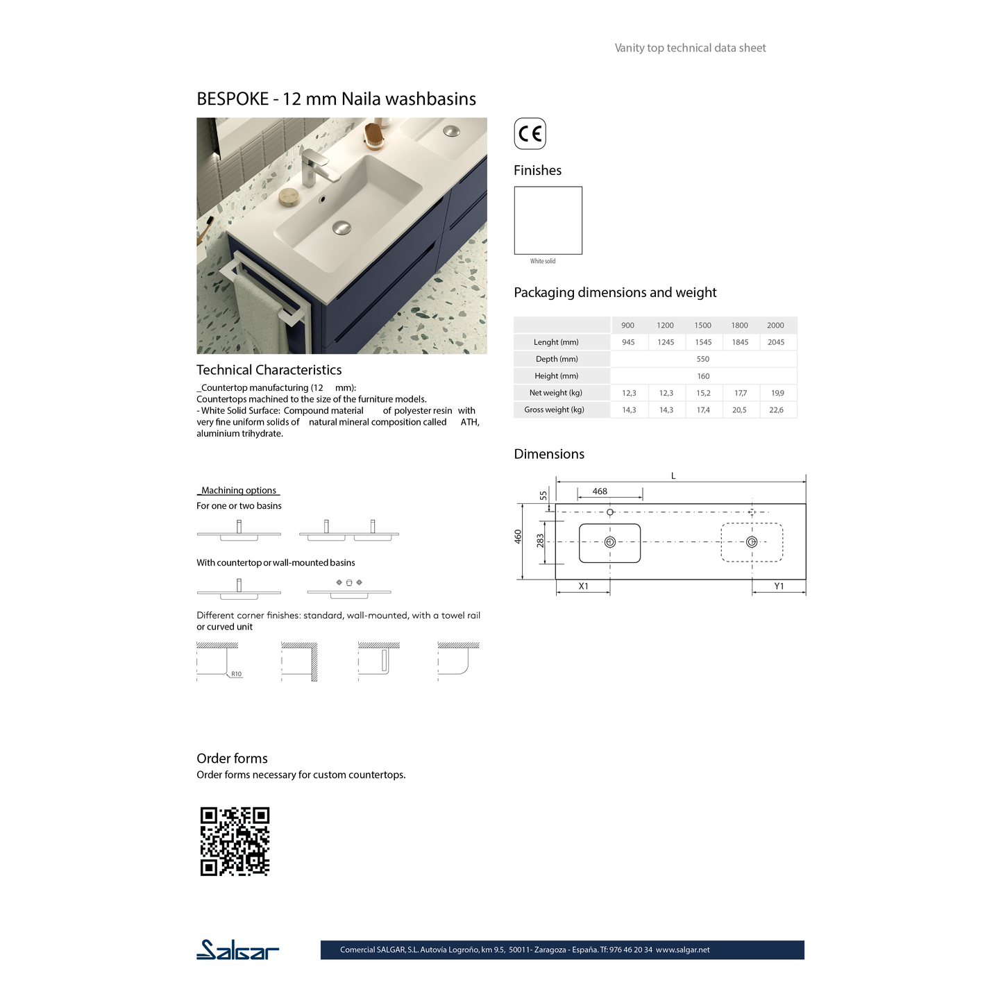 Countertop with integrated washbasins NAILA Double basin solid surface matte white