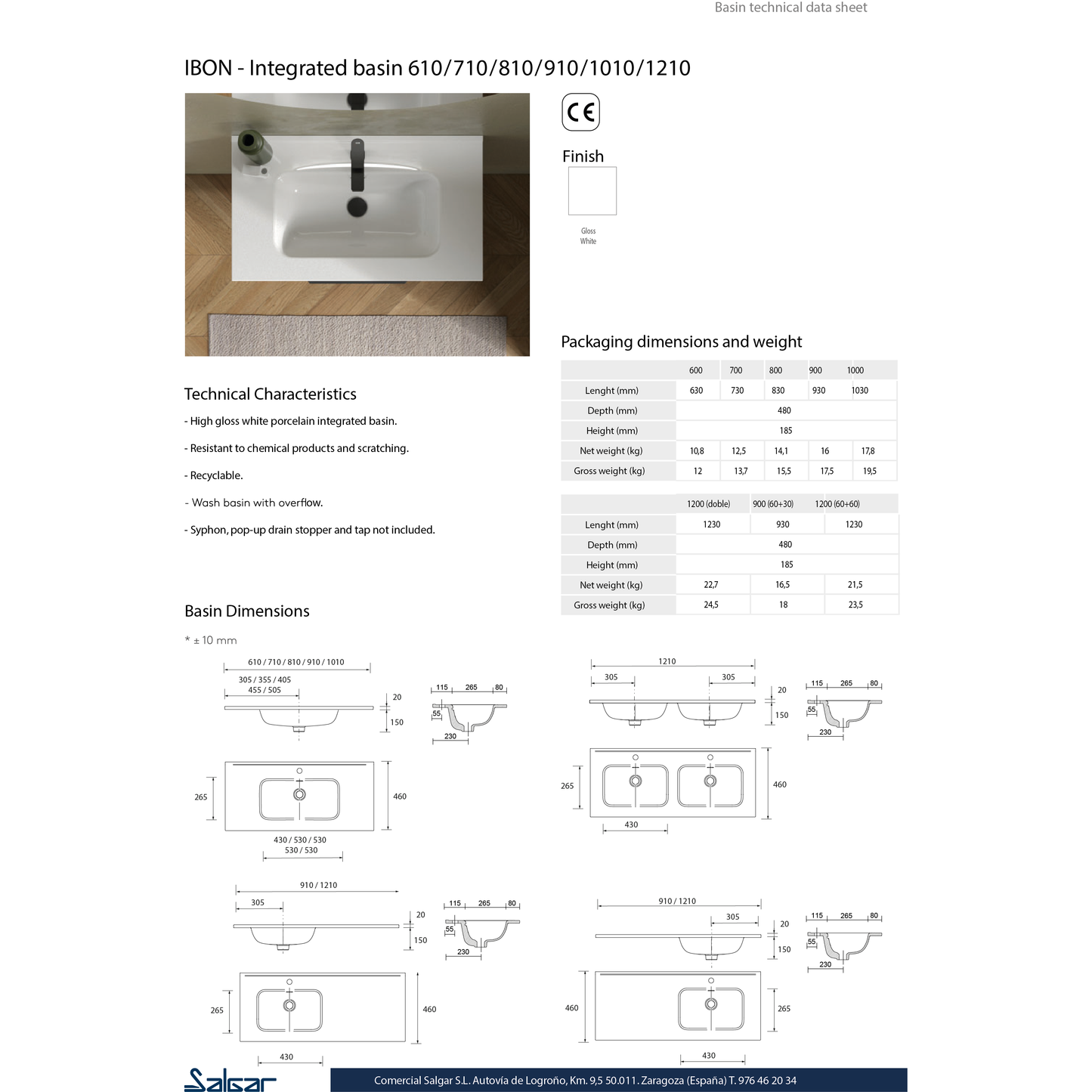 Countertop with integrated OFFSET RIGHT washbasin Porcelain Ibon