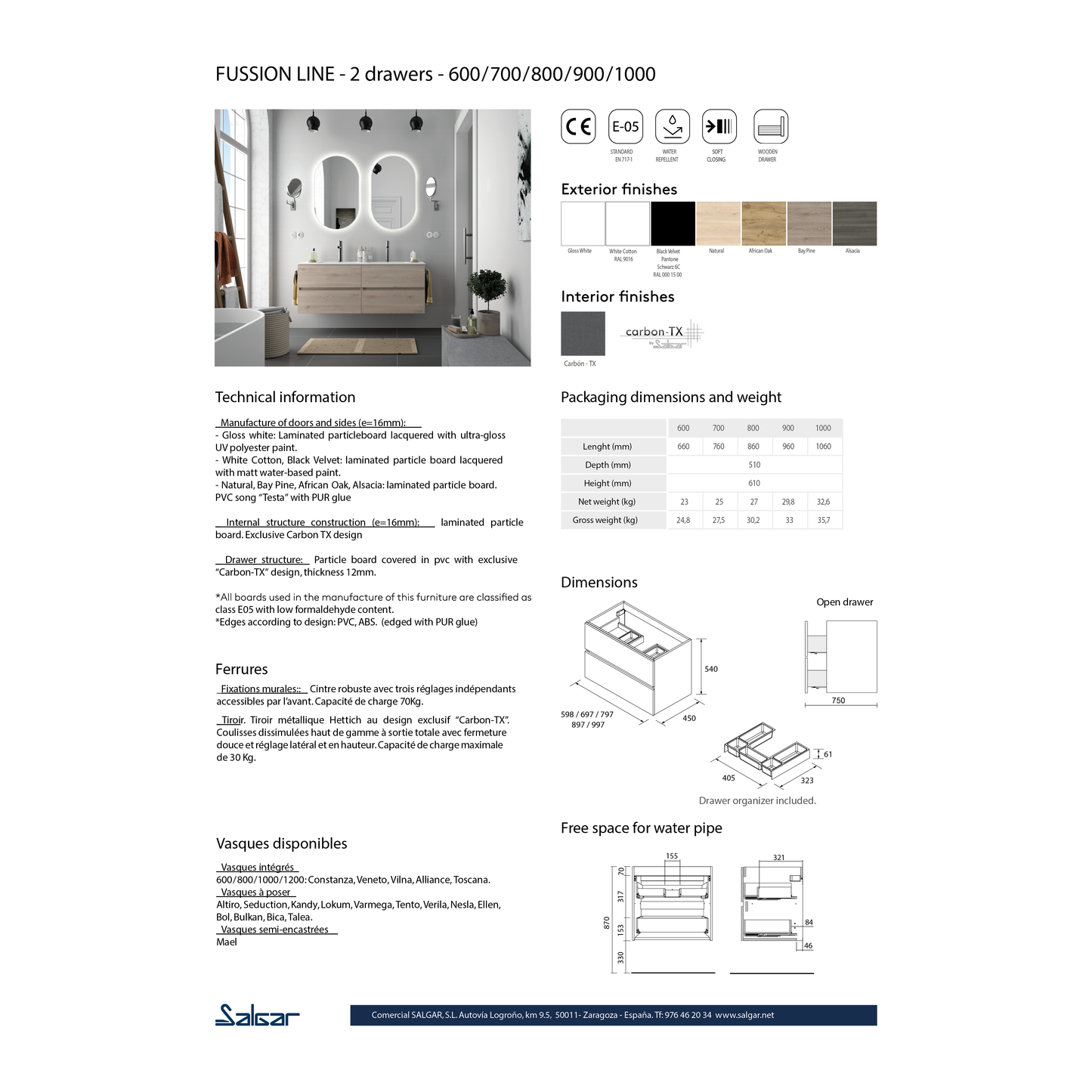Vanity Fussion line 40 inches (1000) 2 drawers Matte white