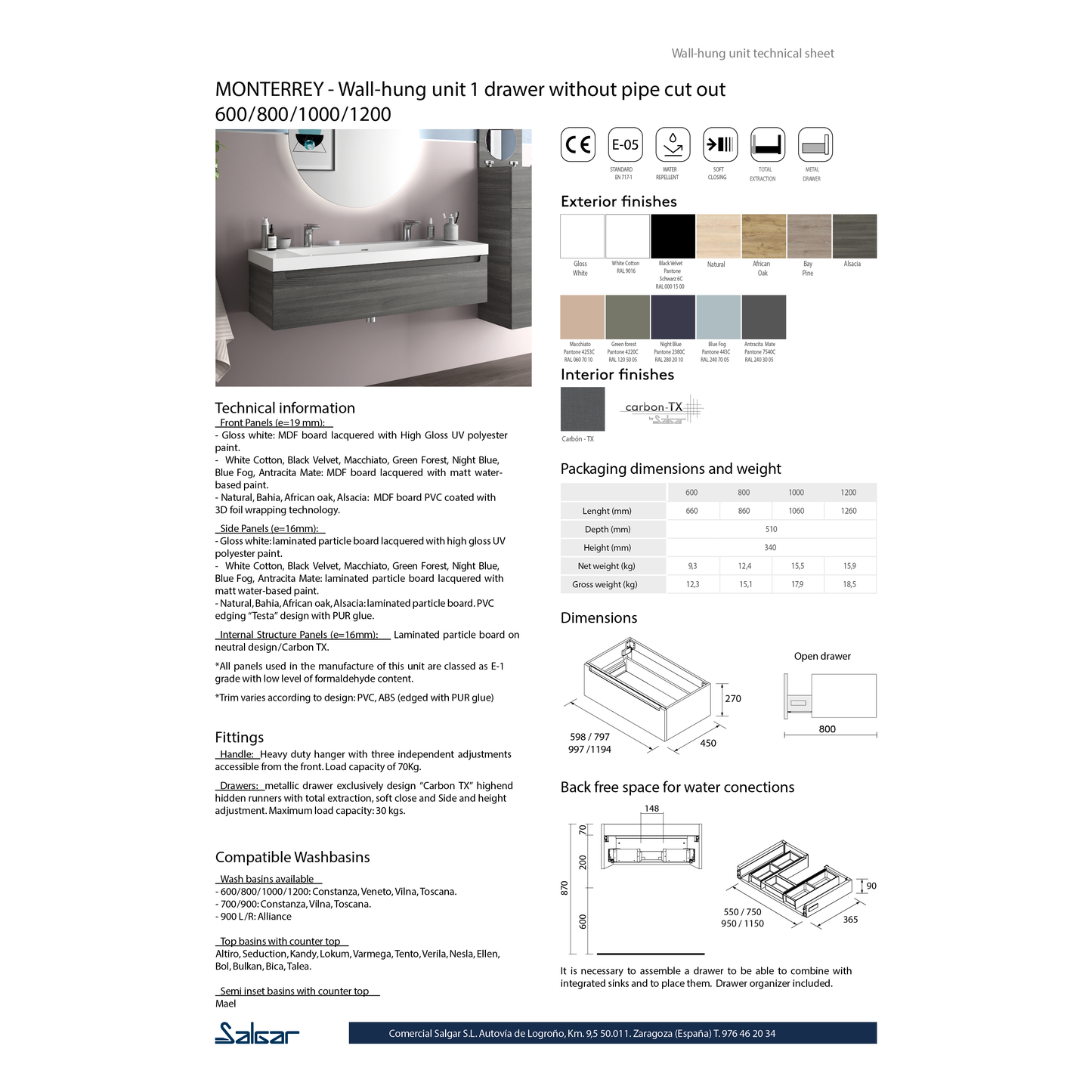 Unité de rangement 24 pouces (600) Monterrey 1 tiroir Velours Noir
