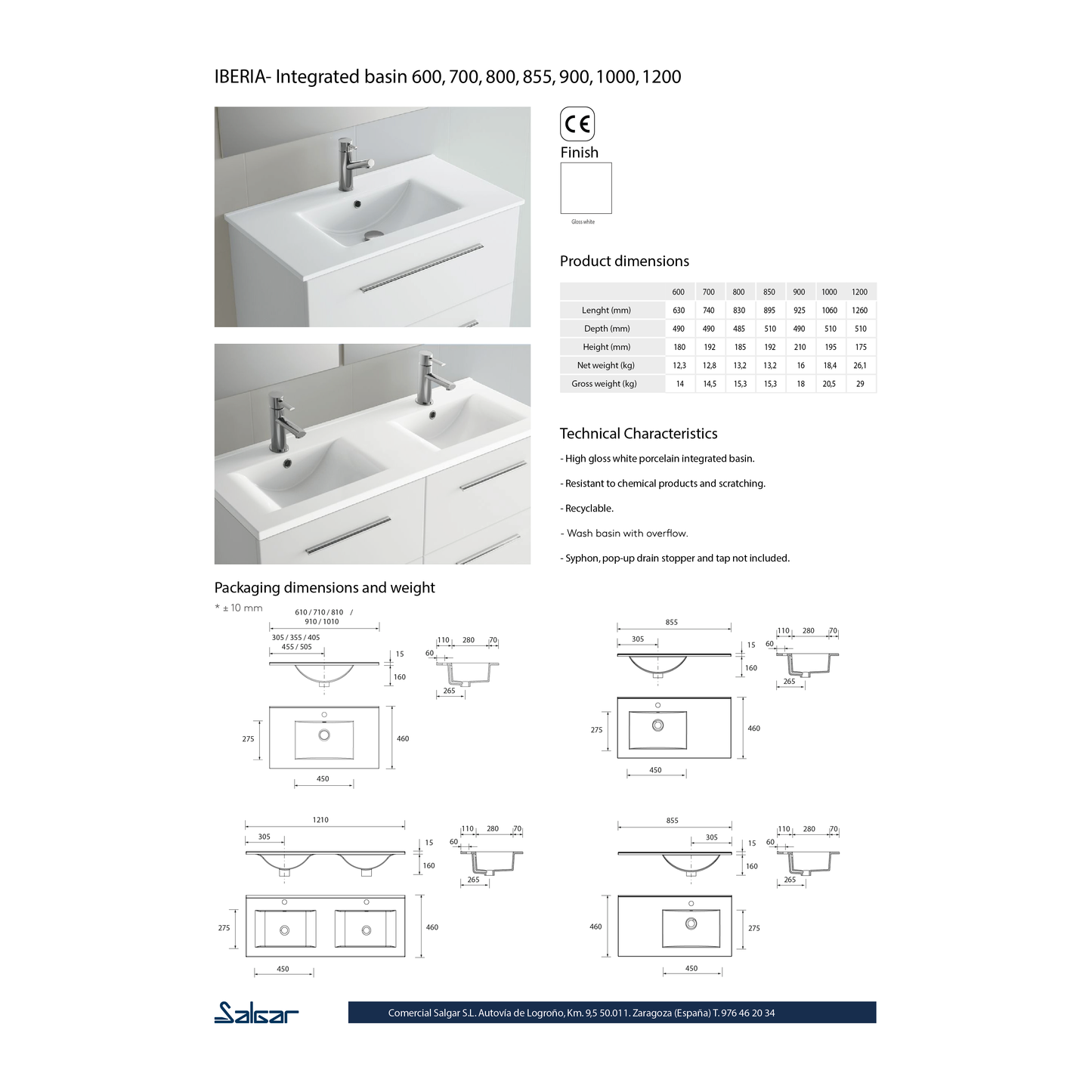 Lavabo intégré centré en porcelaine Iberia