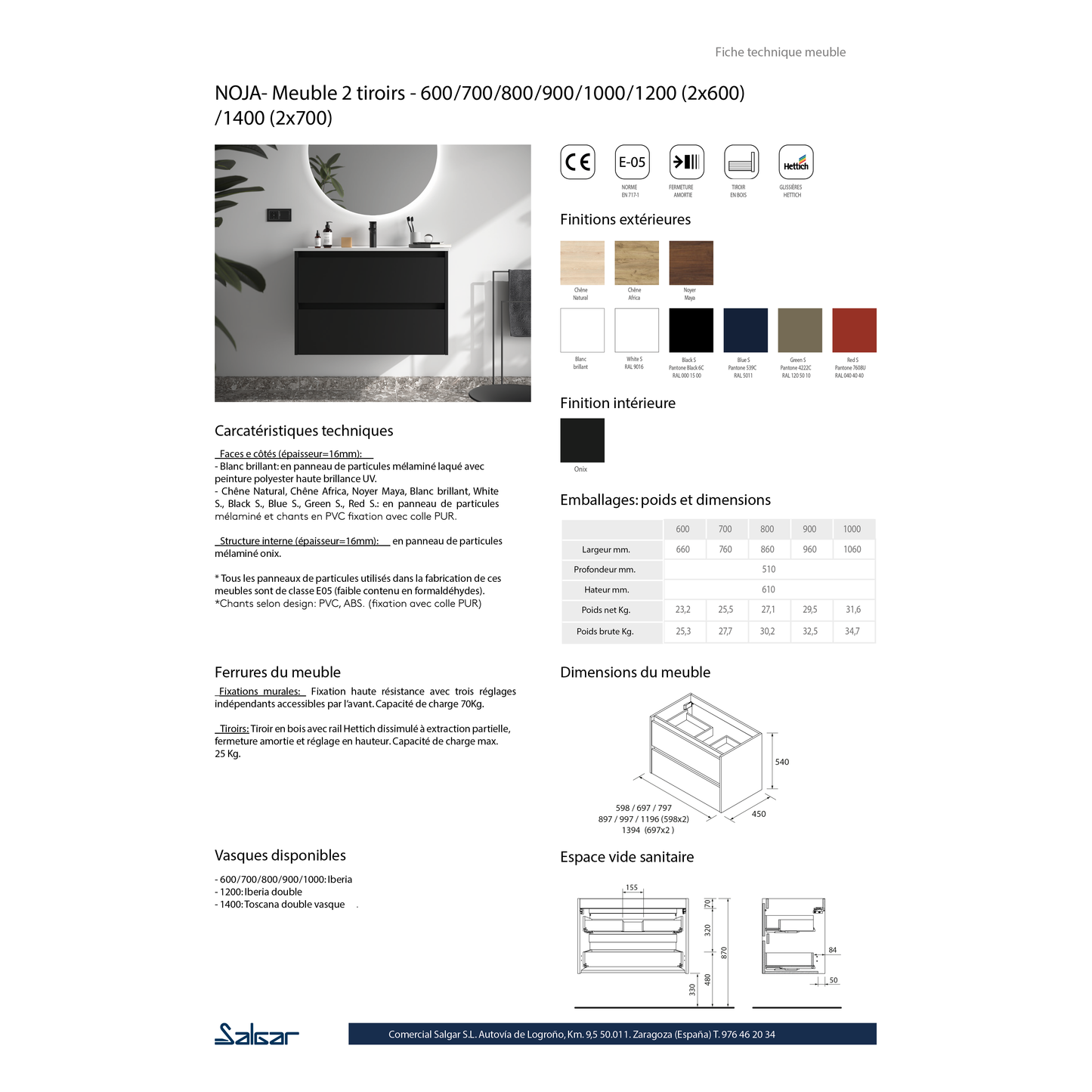 Vanité Noja 36 pouces (900) 2 tiroirs Blanc lustré