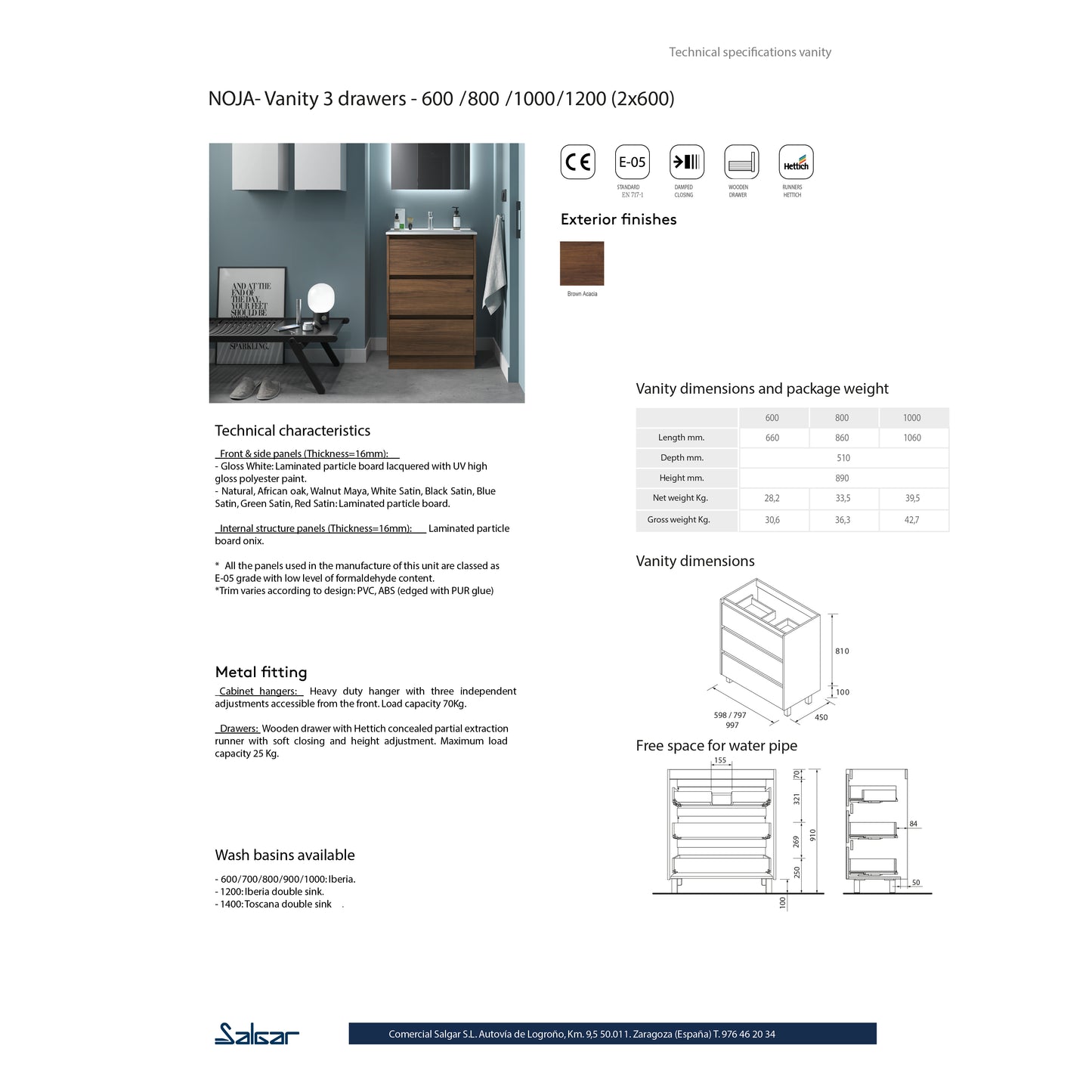 Vanity Noja 48 inches 6 drawers Brown Acacia
