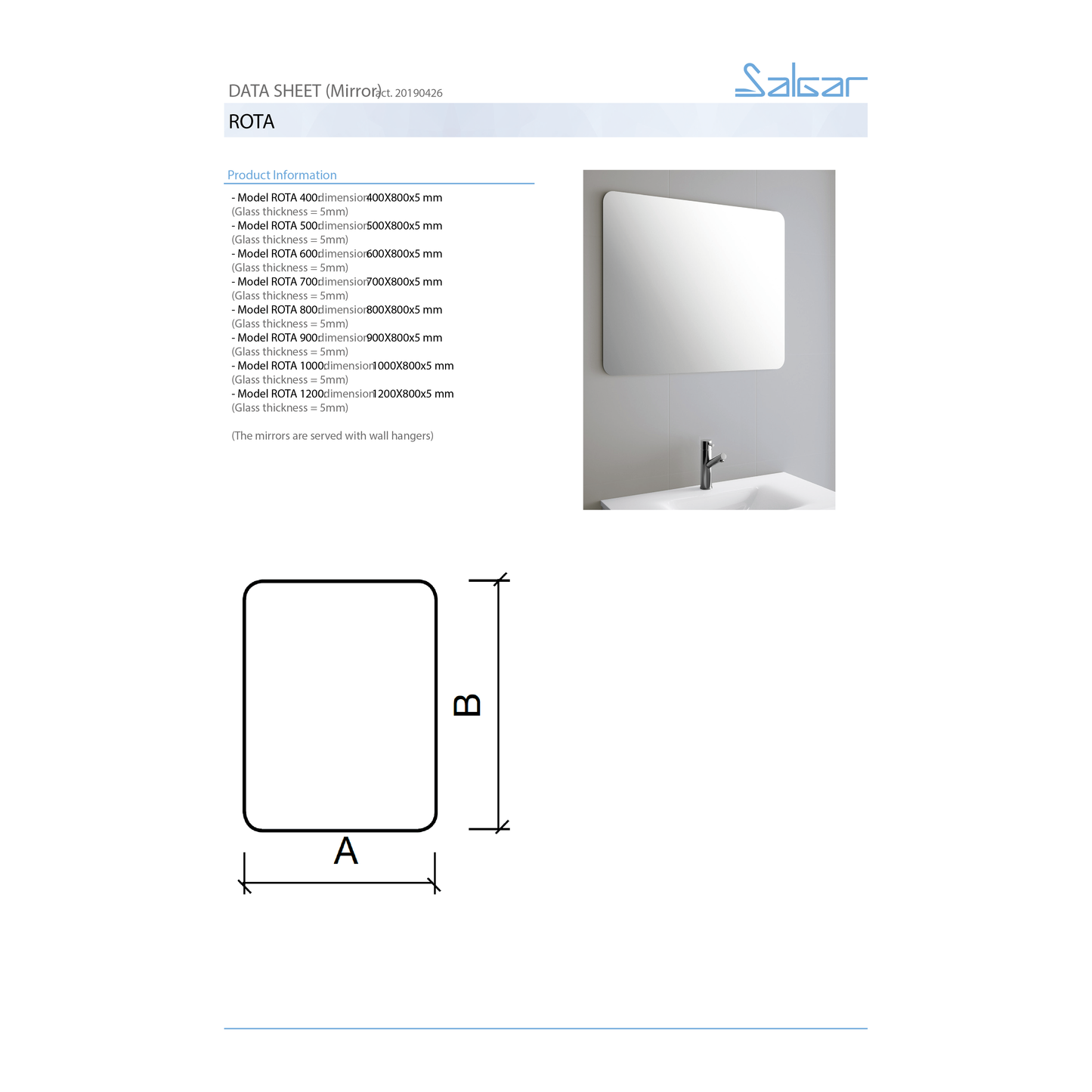 Miroir ROTA rectangulaire coins ronds installation verticale