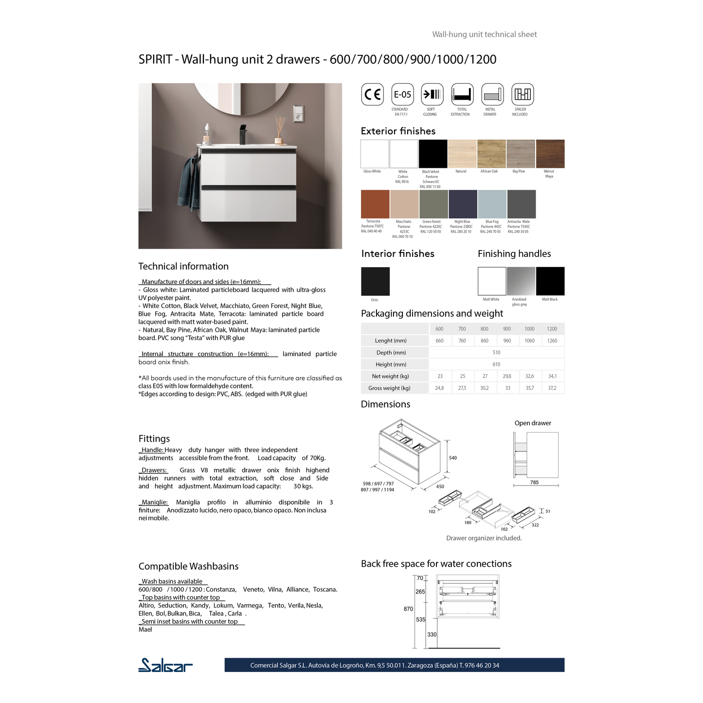 Vanity Fussion Spirit 40 inches (1000) 2 drawers (wall hung) African Oak