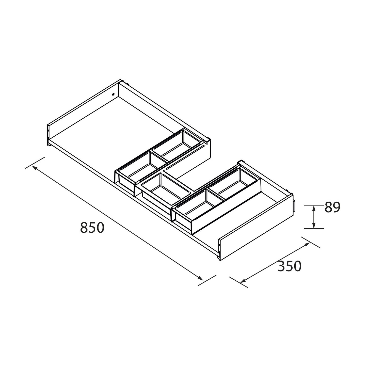 Metallic drawer with offset pipe cutout
