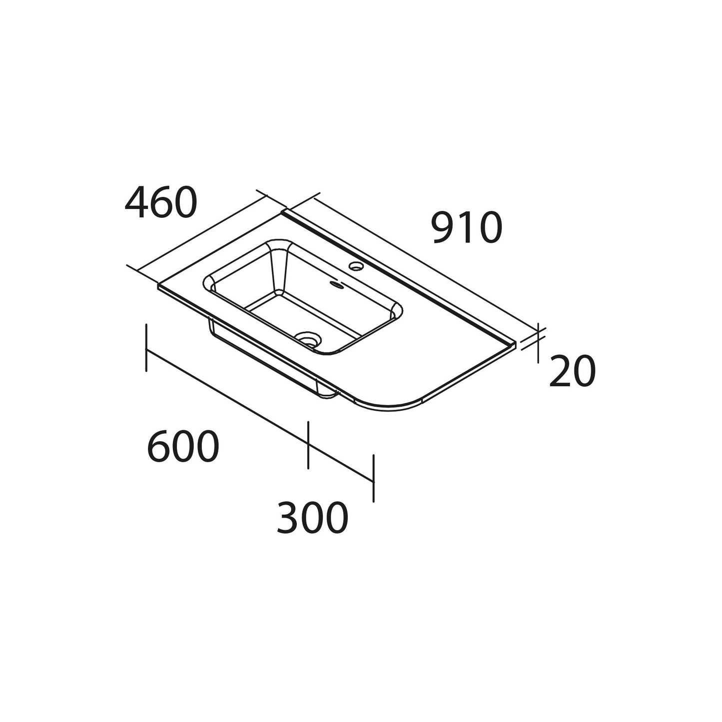 Countertop with integrated OFFSET RIGHT washbasin Porcelain Constanza with round corner