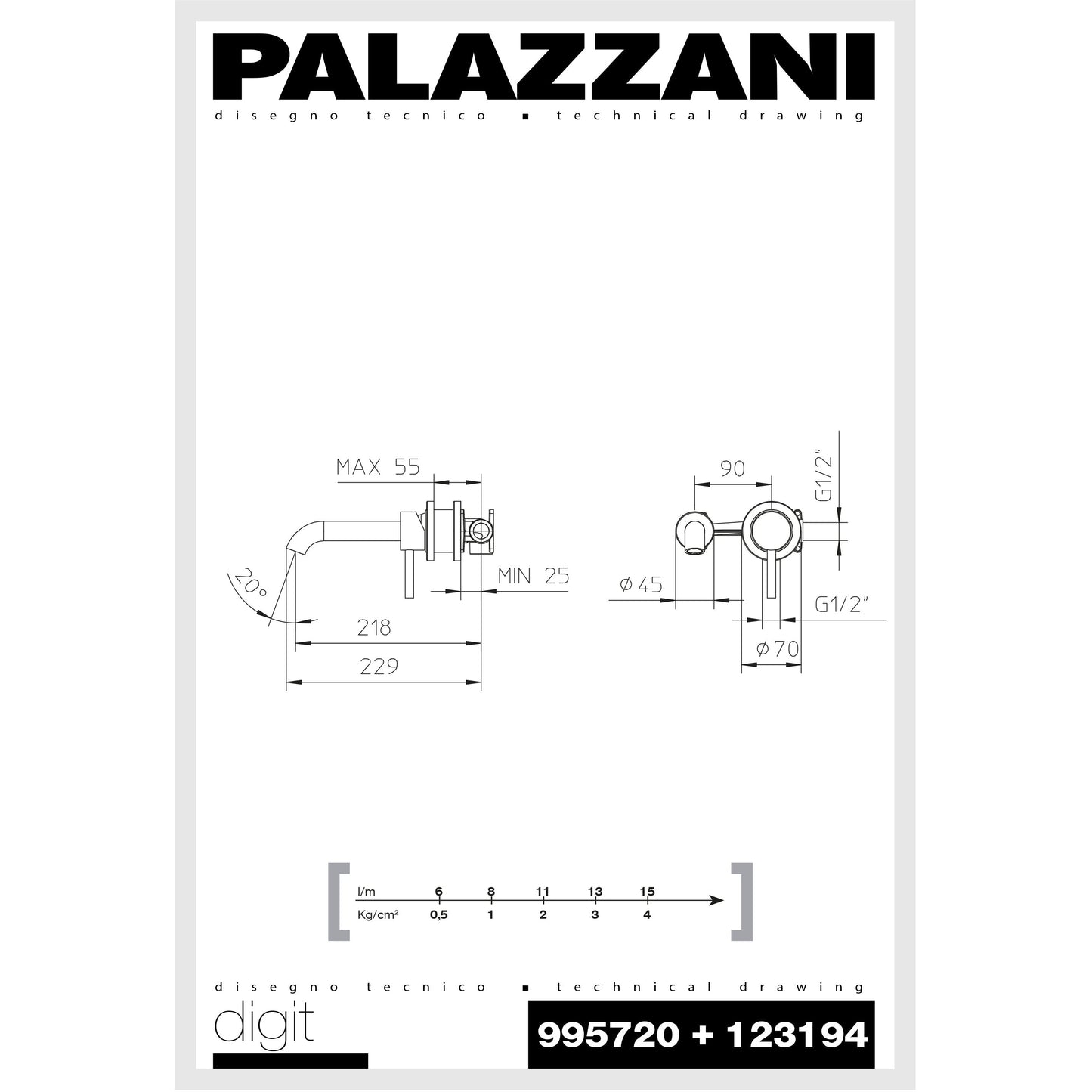 Lavabo faucet Digit wall mounted single lever 123114 (995720 + 123194) SALE
