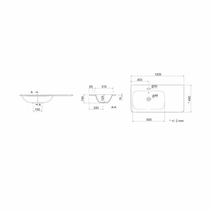 Countertop with integrated washbasin Uniiq solid surface matte white 48 inches (1200)