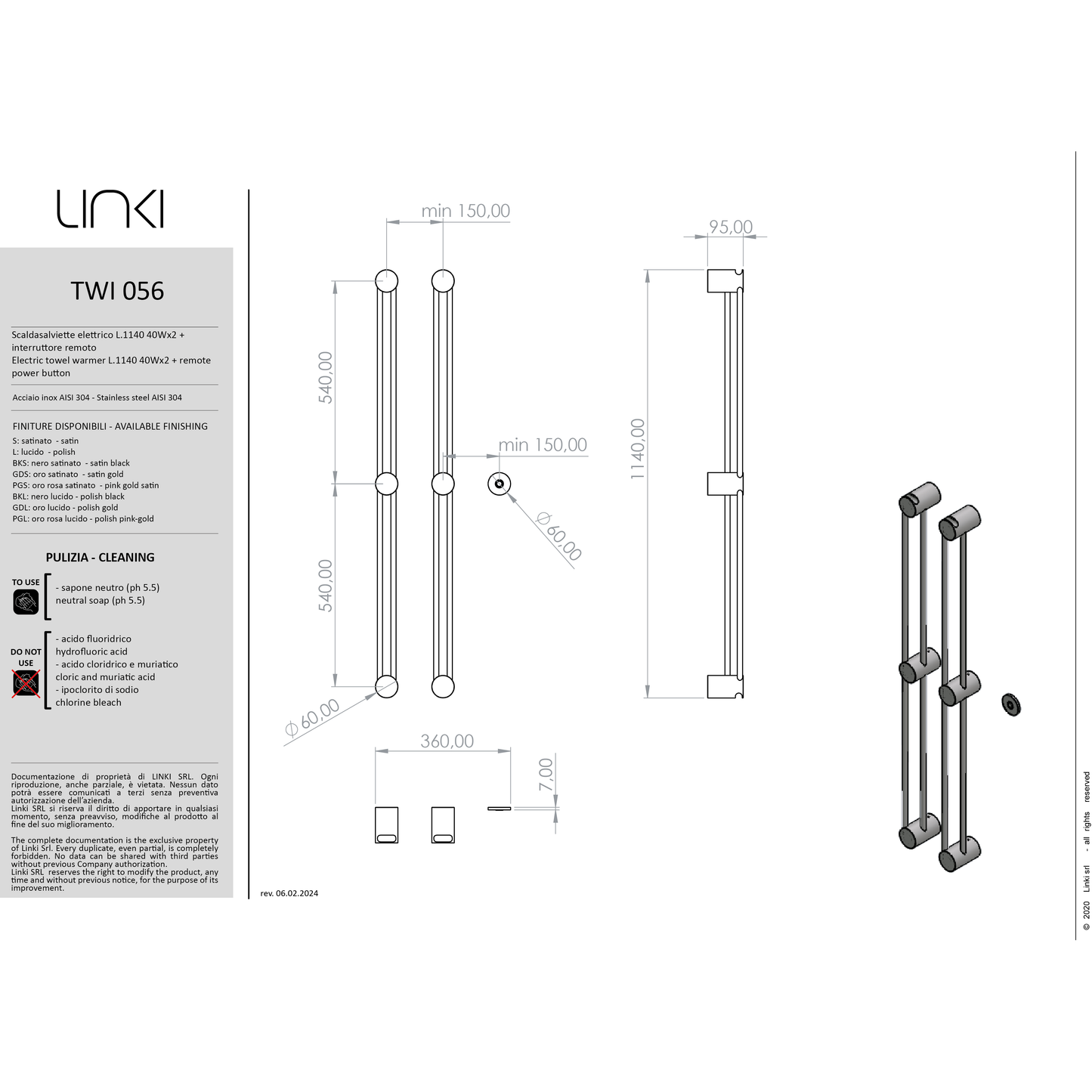 Sèche-serviettes électrique L.1140 mm Double avec télécommande TWINS inox TWI056
