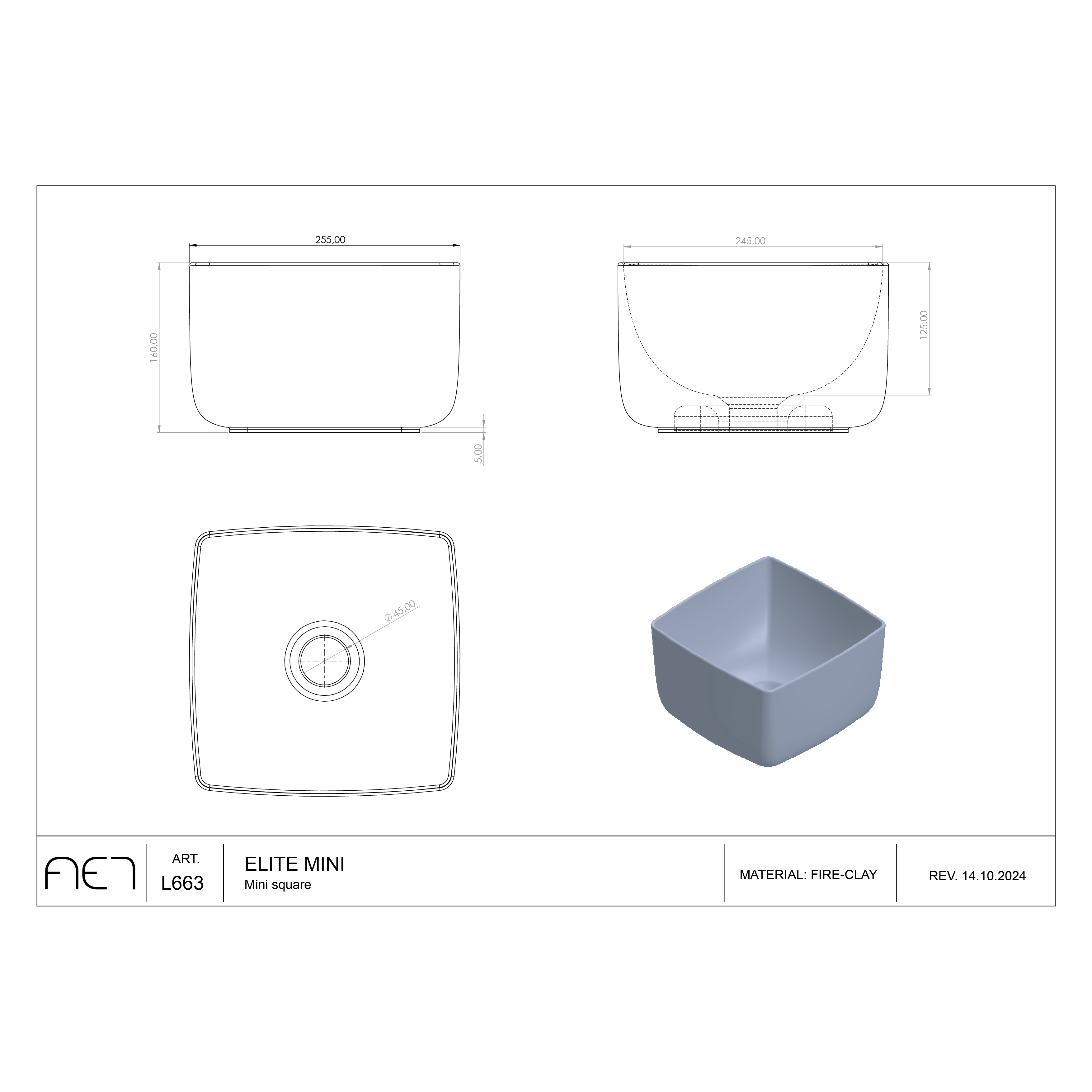 Porcelain Sink ELITE MINI SQUARE L663