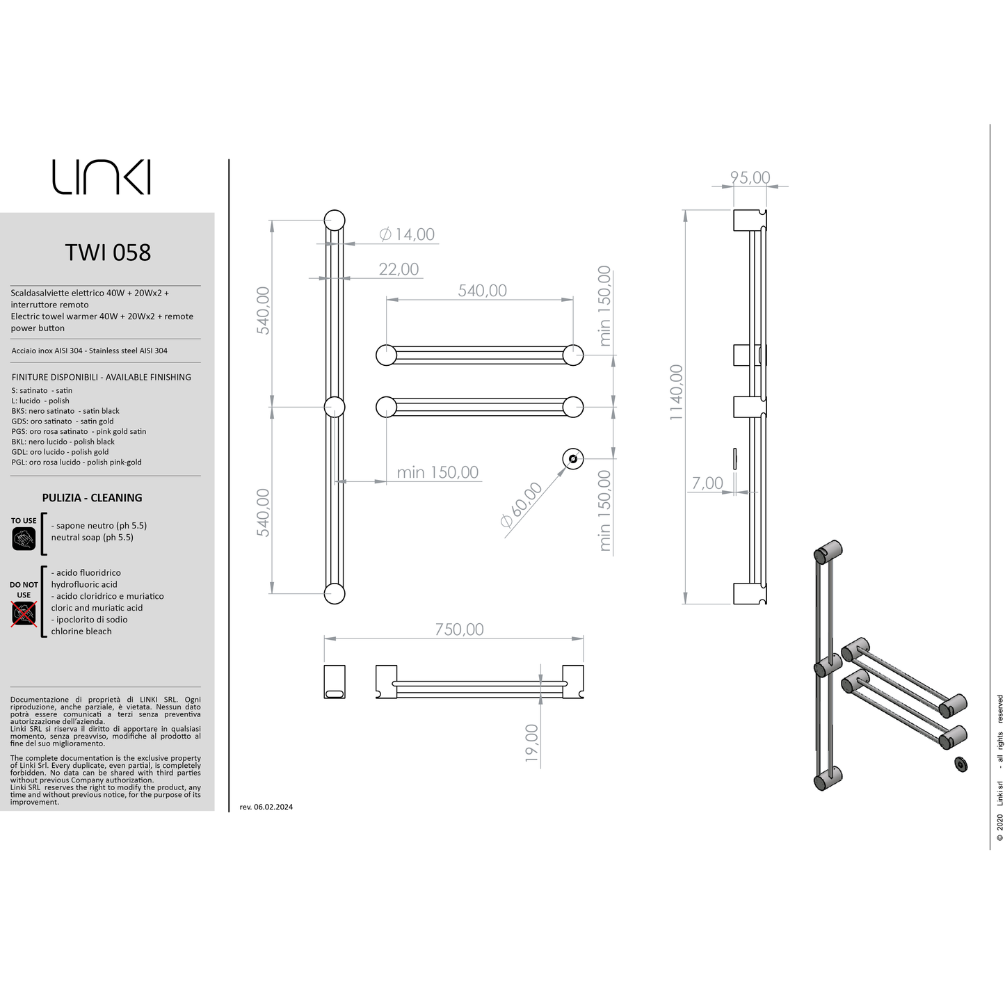 Electric towel warmer 2x L.600 mm and L.1140 mm with remote power TWI058