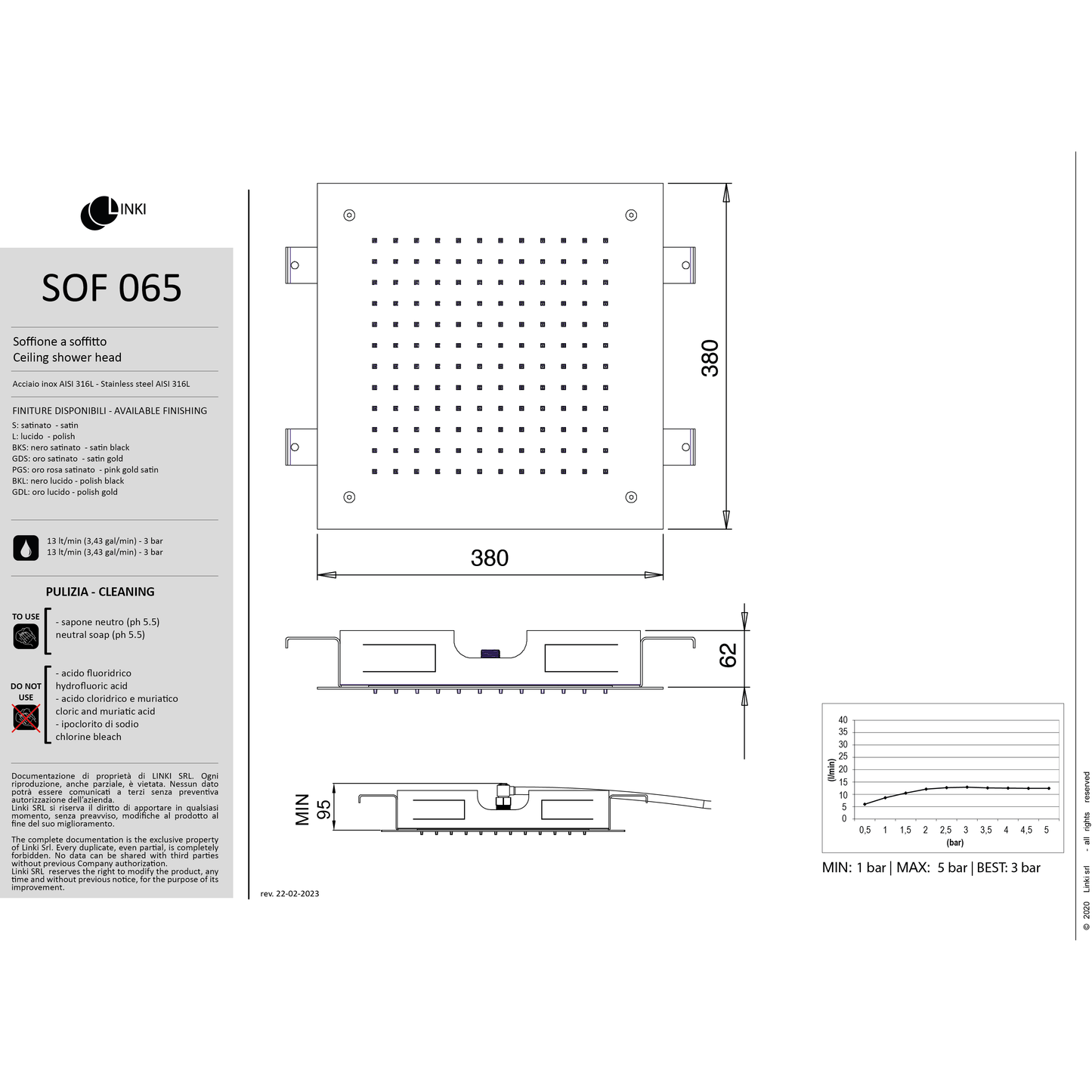 Shower head square ceiling mount 380mm stainless steel SOF065