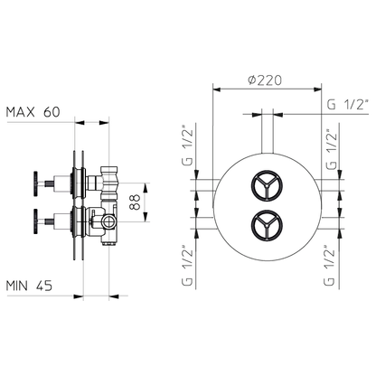 Rubinetto doccia termostatico Industriale 2/3 funzioni 992776 + 782604