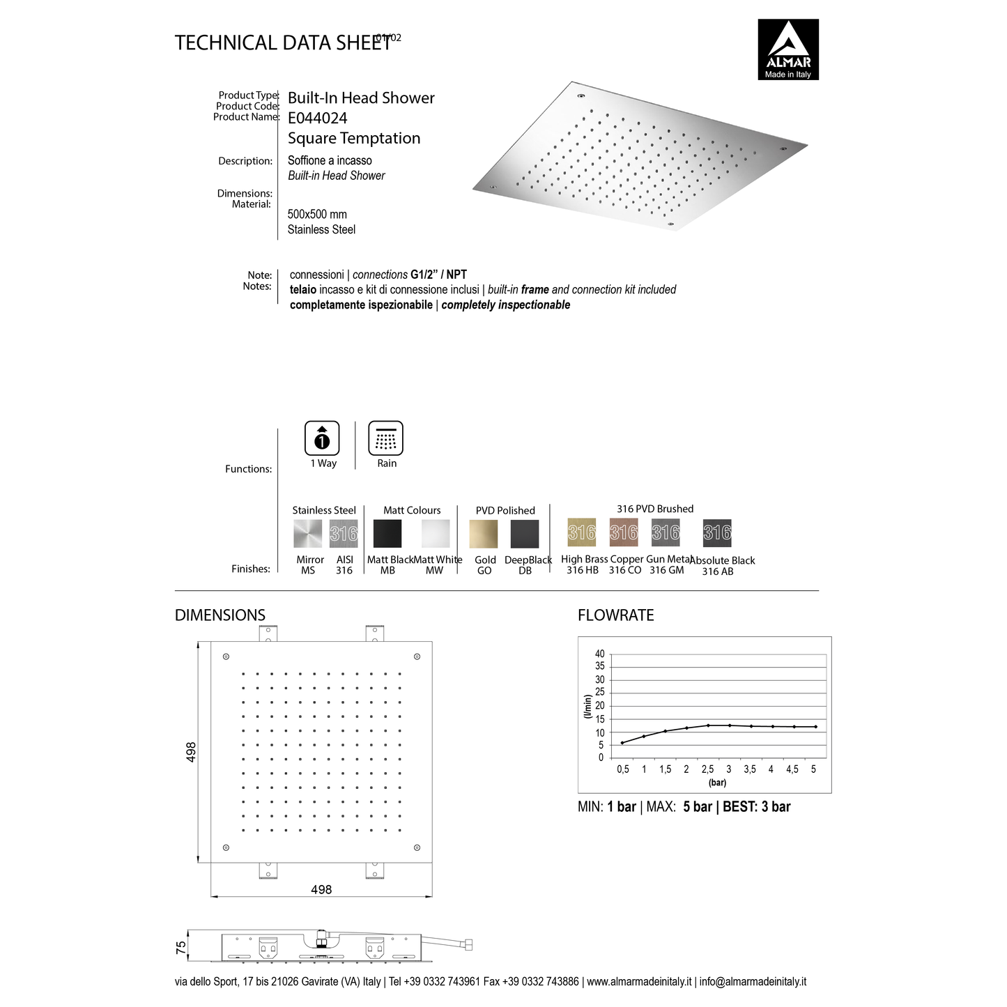Showerhead square recessed monojet 500mm E044024
