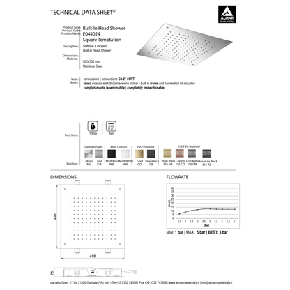 Showerhead square recessed monojet 500mm E044024