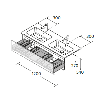 Metallic drawer with double pipe cutout