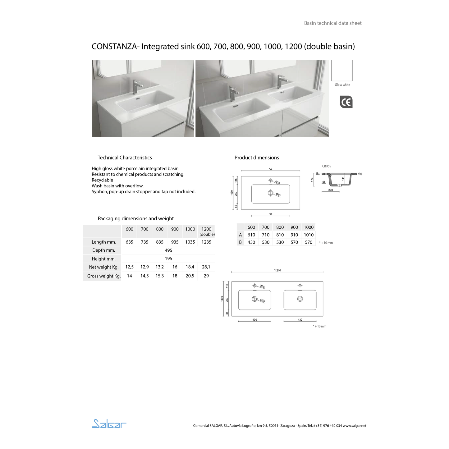 Countertop with integrated washbasin Porcelain Constanza