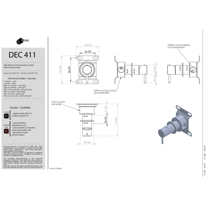 Rough-in for wall mounted single lever mixer INC015