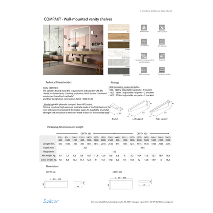 Compakt shelf 380mm depth White Marble