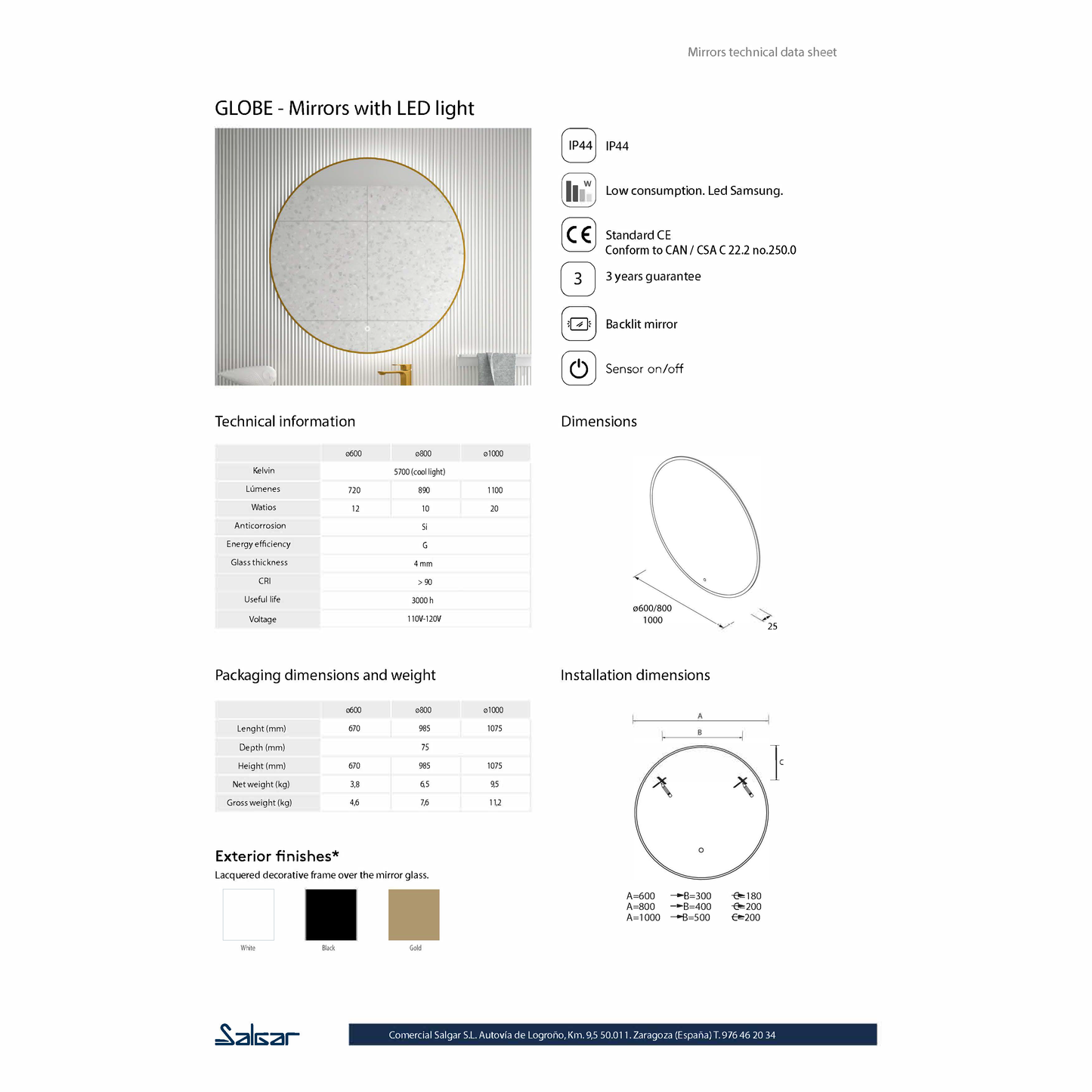 Globe miroir avec cadre en or satiné