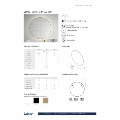 Globe miroir avec cadre en or satiné