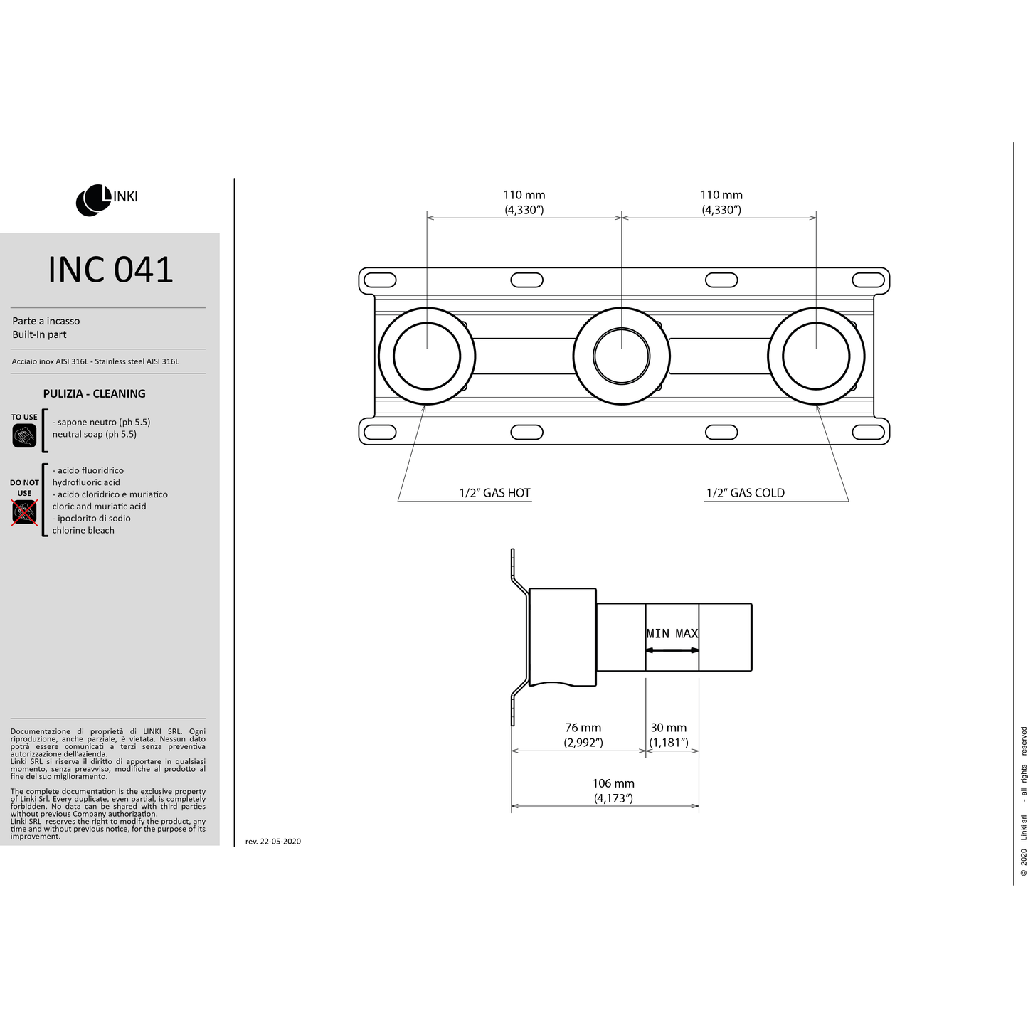 Rough-in for wall mounted 3 holes lavabo faucet INC041