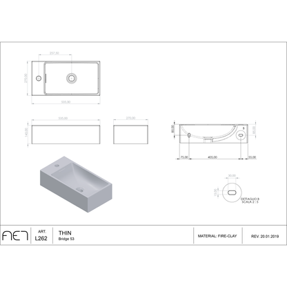 Porcelain Sink wall hung THIN Bridge 50 L262