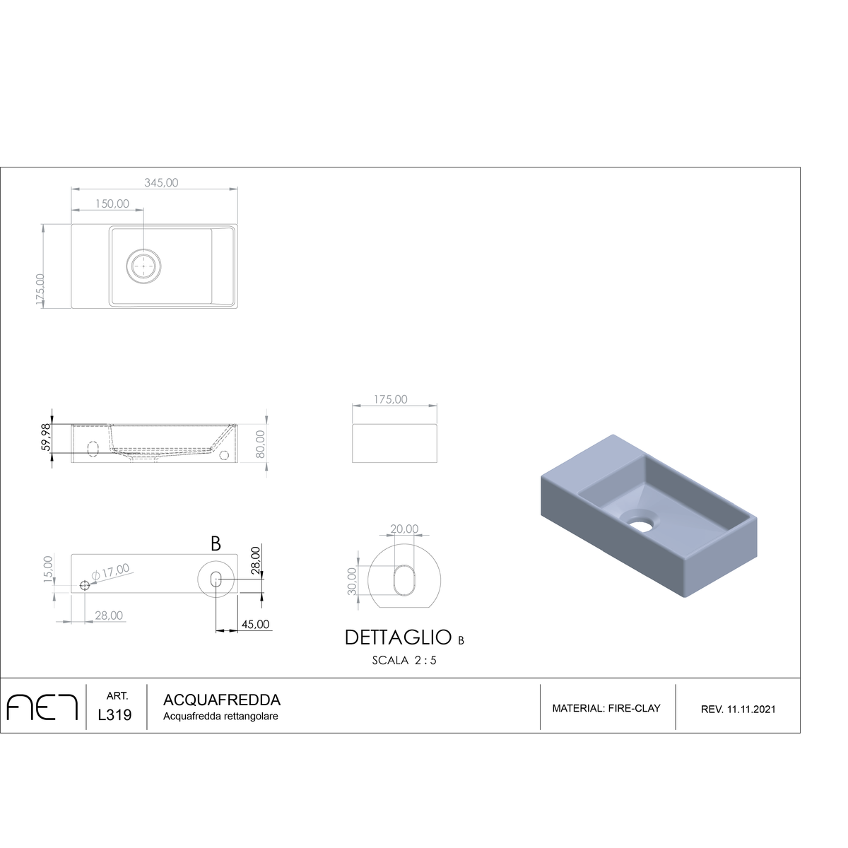 Évier en porcelaine ACQUAFREDDA RETTANGOLARE L319