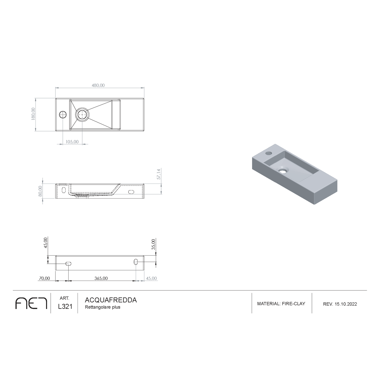 Porcelain Sink AQUAFREDDA Rettangolare plus L321V3 (Basin on left side)