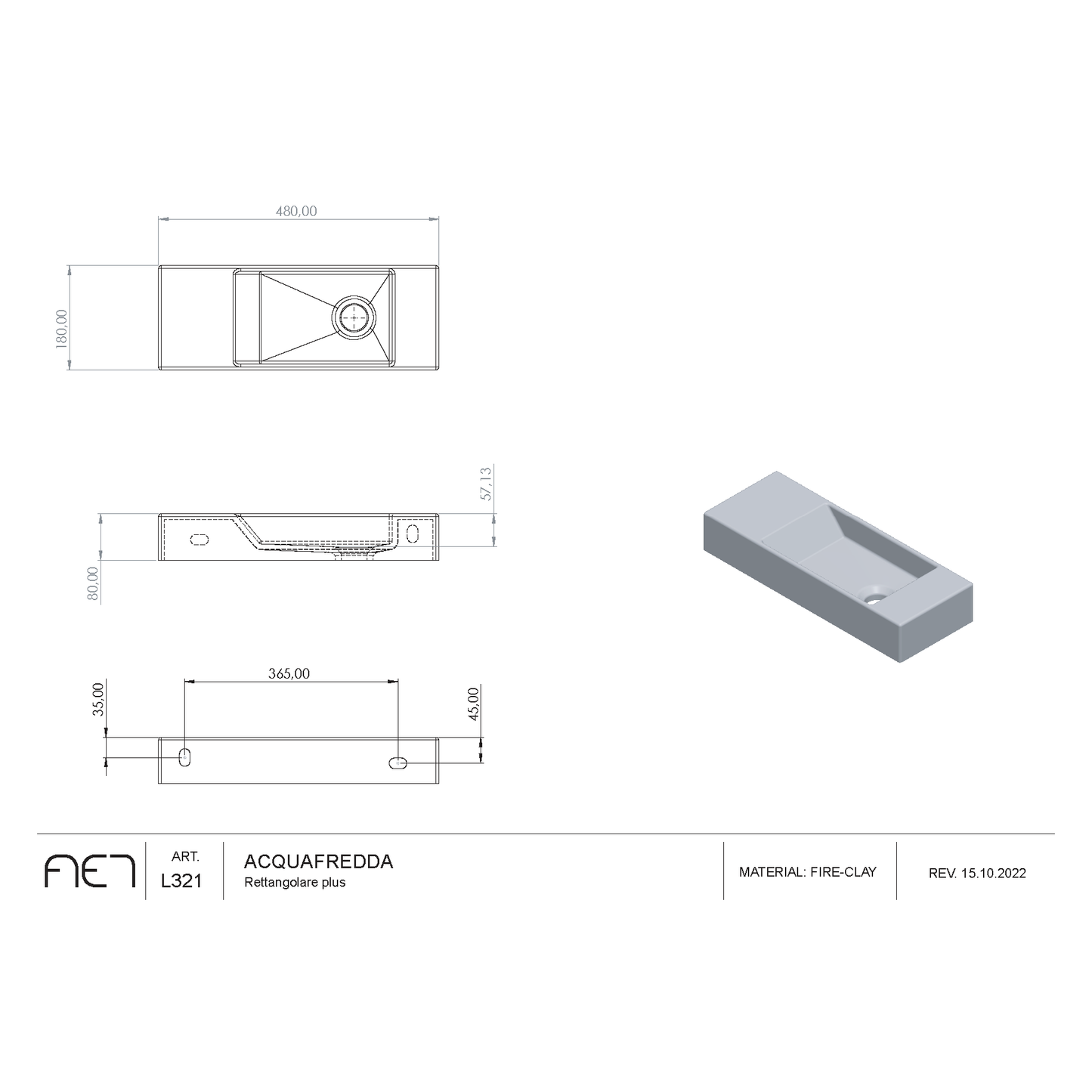 Porcelain Sink AQUAFREDDA Rettangolare plus L321V2 (Basin on right side)