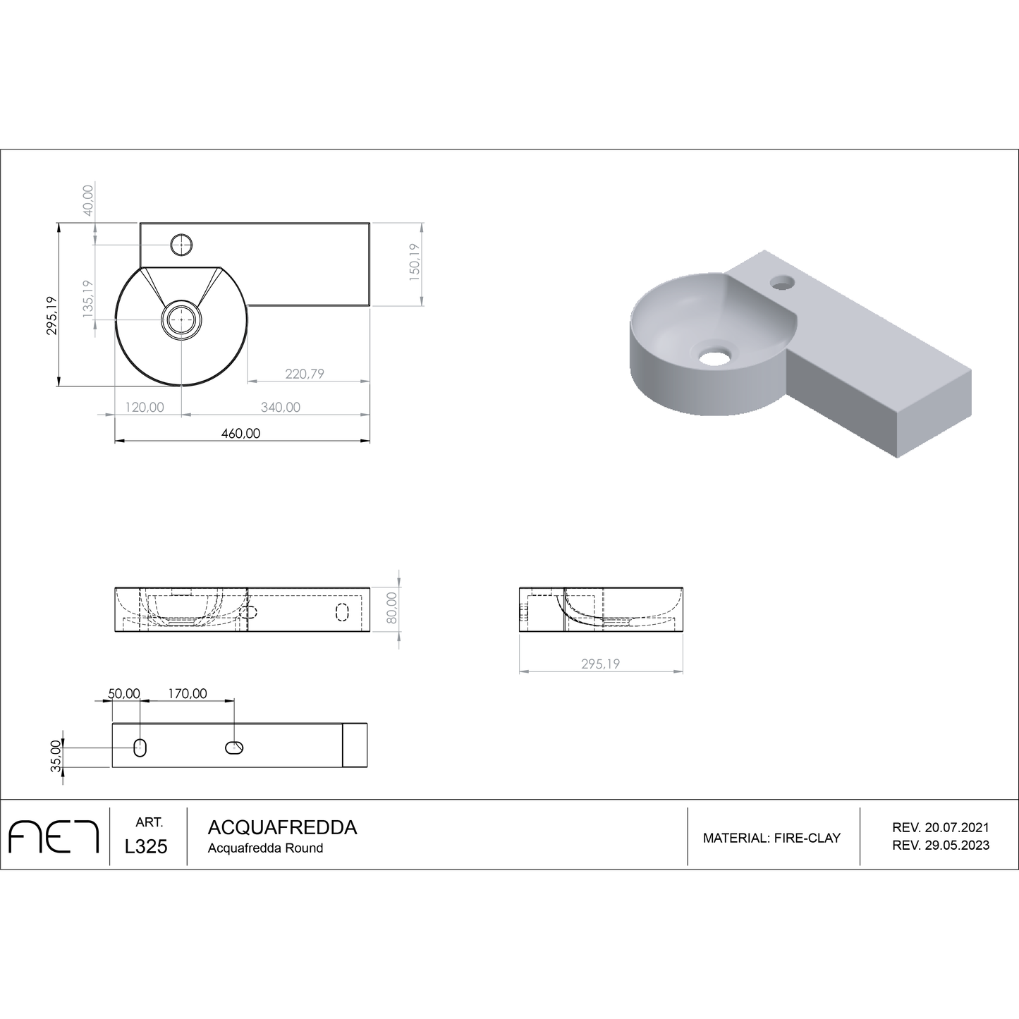 Porcelain sink wall hung AQUAFREDDA tondo plus L325
