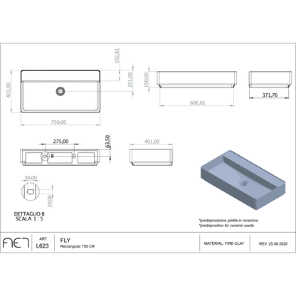 Porcelain Sink FLY RECTANGULAR CR 75 L623