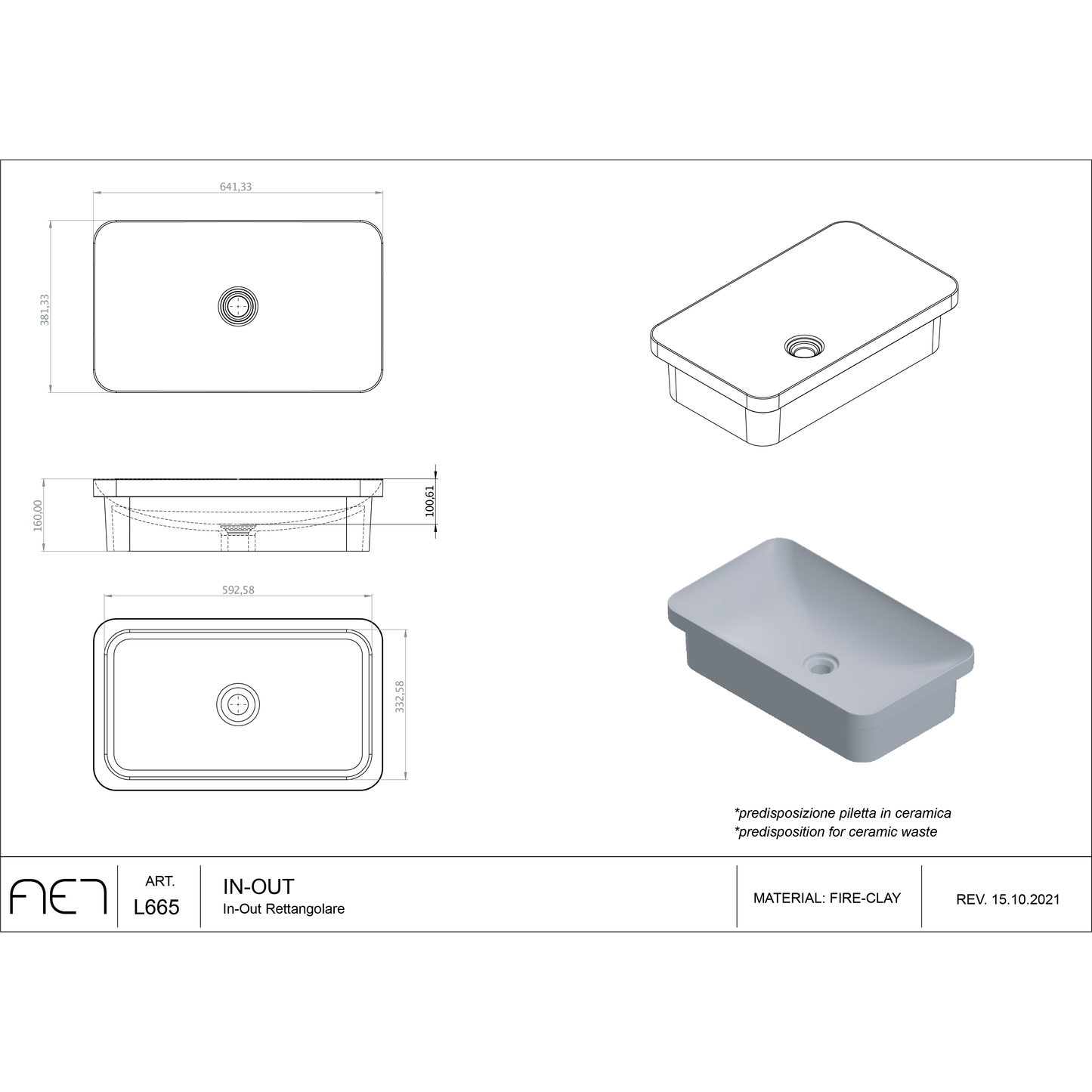 Évier en porcelaine IN-OUT Rettangolare L665
