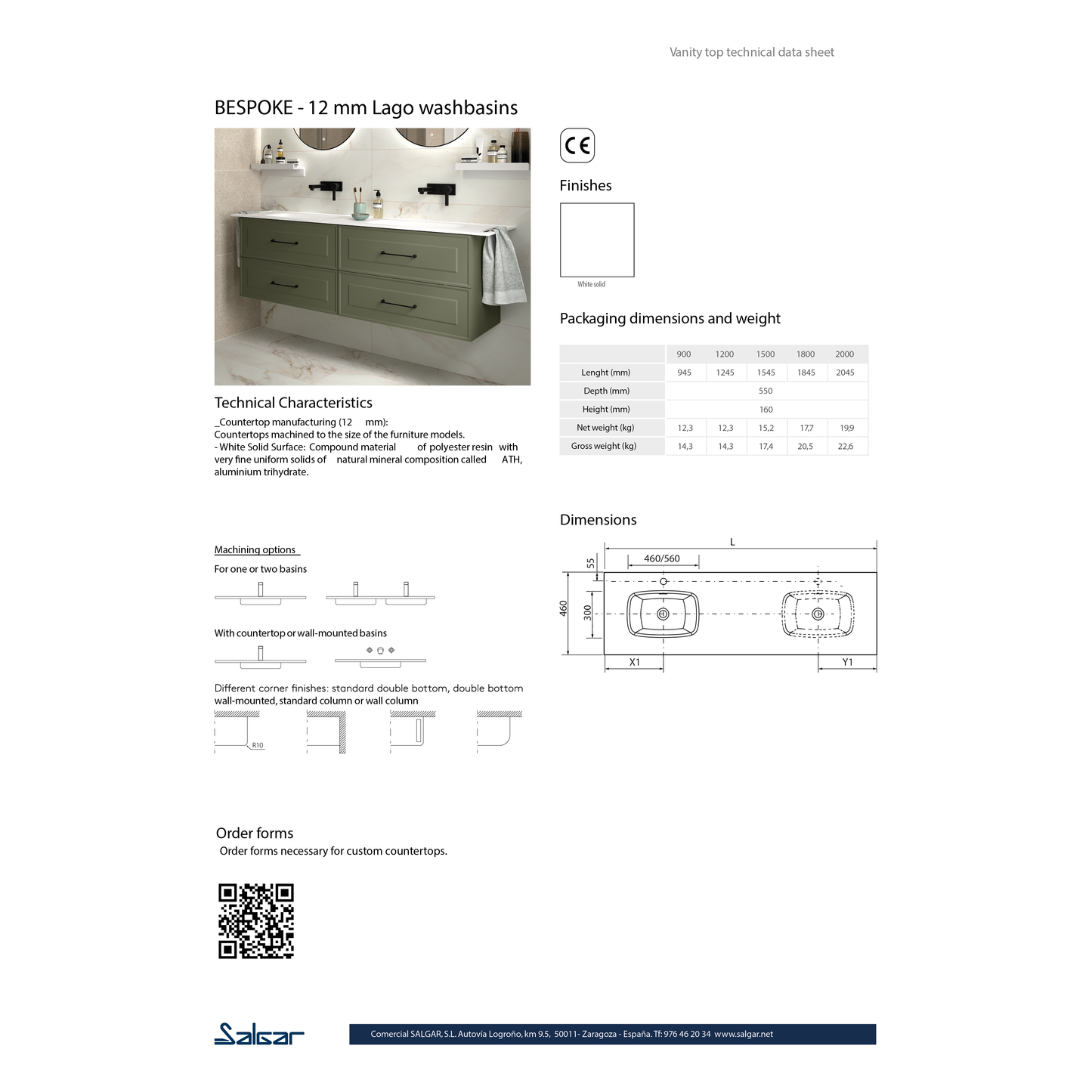 Countertop with integrated washbasin LAGO Single basin solid surface matte white