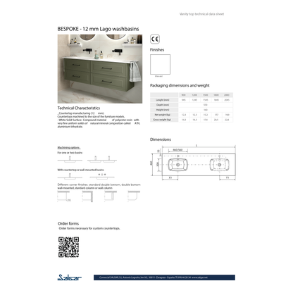 Countertop with integrated washbasin LAGO Single basin solid surface matte white