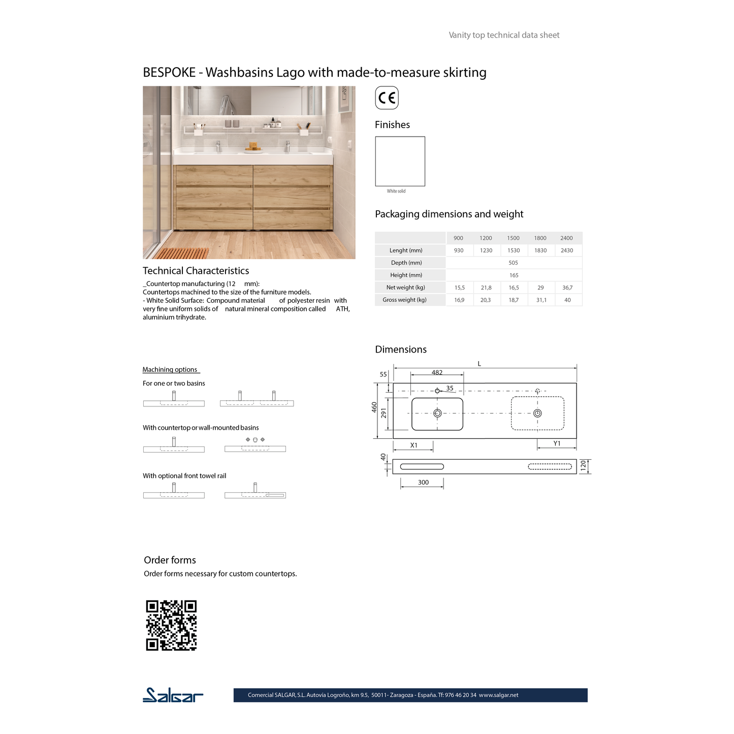 Plan de travail avec vasque intégrée NAILA Vasque simple solid surface AVEC JUPE blanc mat