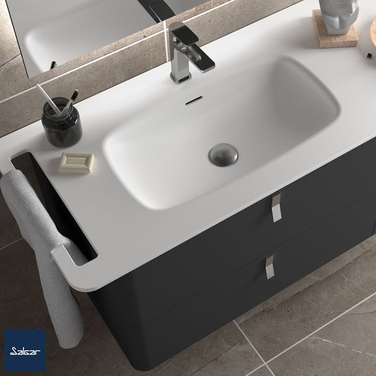 Countertop with integrated washbasin UNIIQ single basin solid surface with towel bar matte white