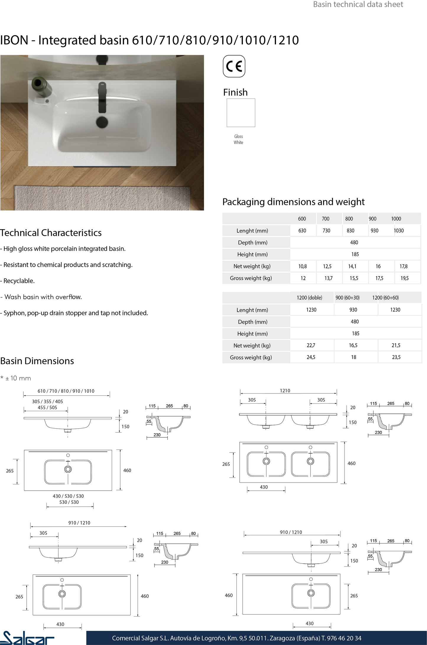 Countertop with integrated washbasin Porcelain Ibon centered