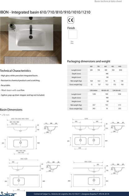 Countertop with integrated washbasin Porcelain Ibon centered