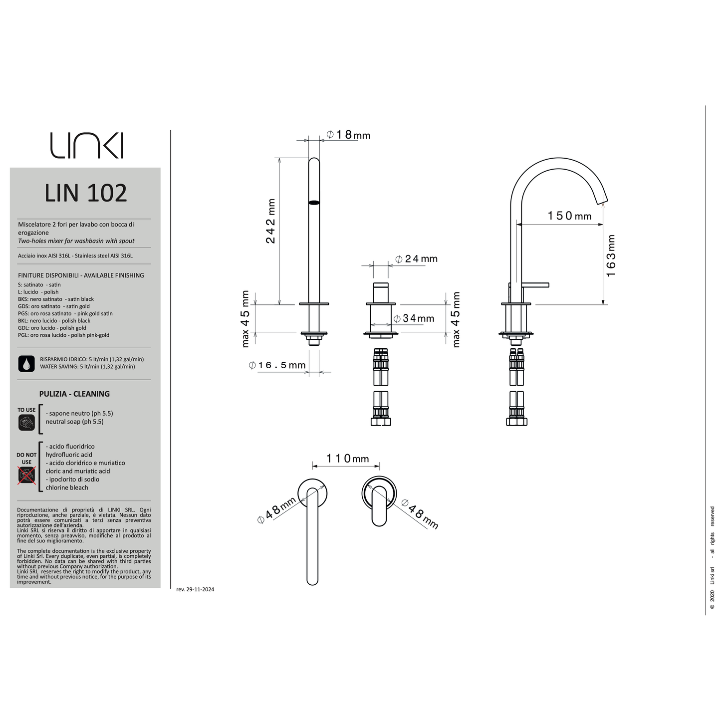 Lavabo faucet 2 holes Linea stainless steel LIN102