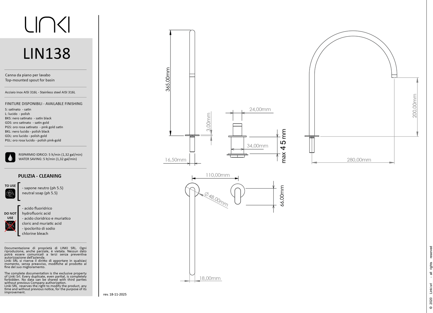Robinet de lavabo 2 trous Linea en acier inoxydable LIN138 