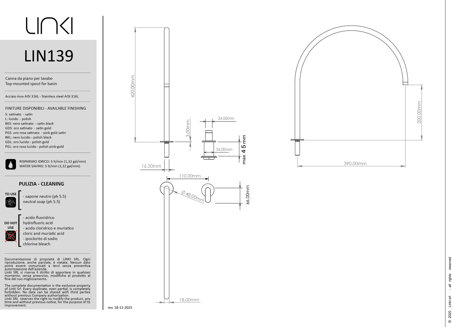 Robinet de lavabo 2 trous Linea en acier inoxydable LIN139 