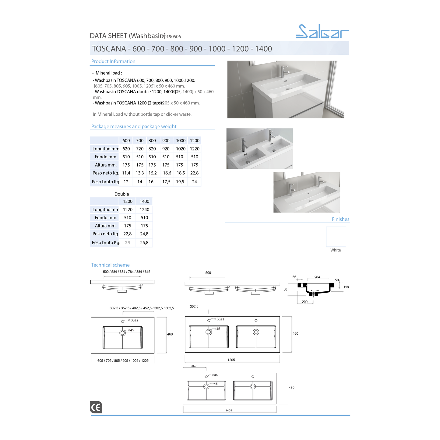 Countertop with integrated washbasin Mineral load Toscana