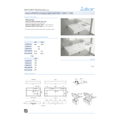 Piano d'appoggio con lavabo integrato in porcellana e ripiano interno Veneto