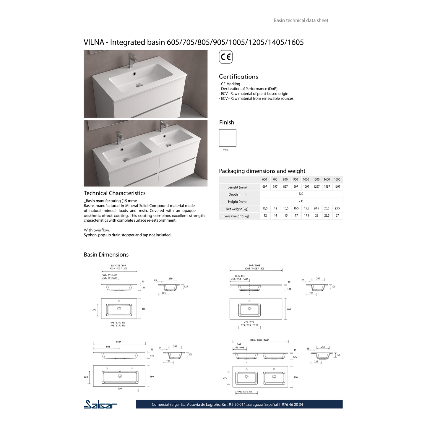 Countertop with integrated washbasin single Vilna solid surface matte white