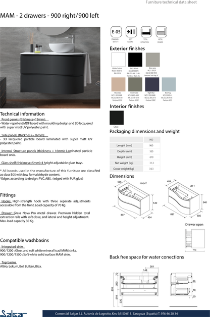 Countertop with integrated washbasin MAM mineral solid OFFSET RIGHT matte white