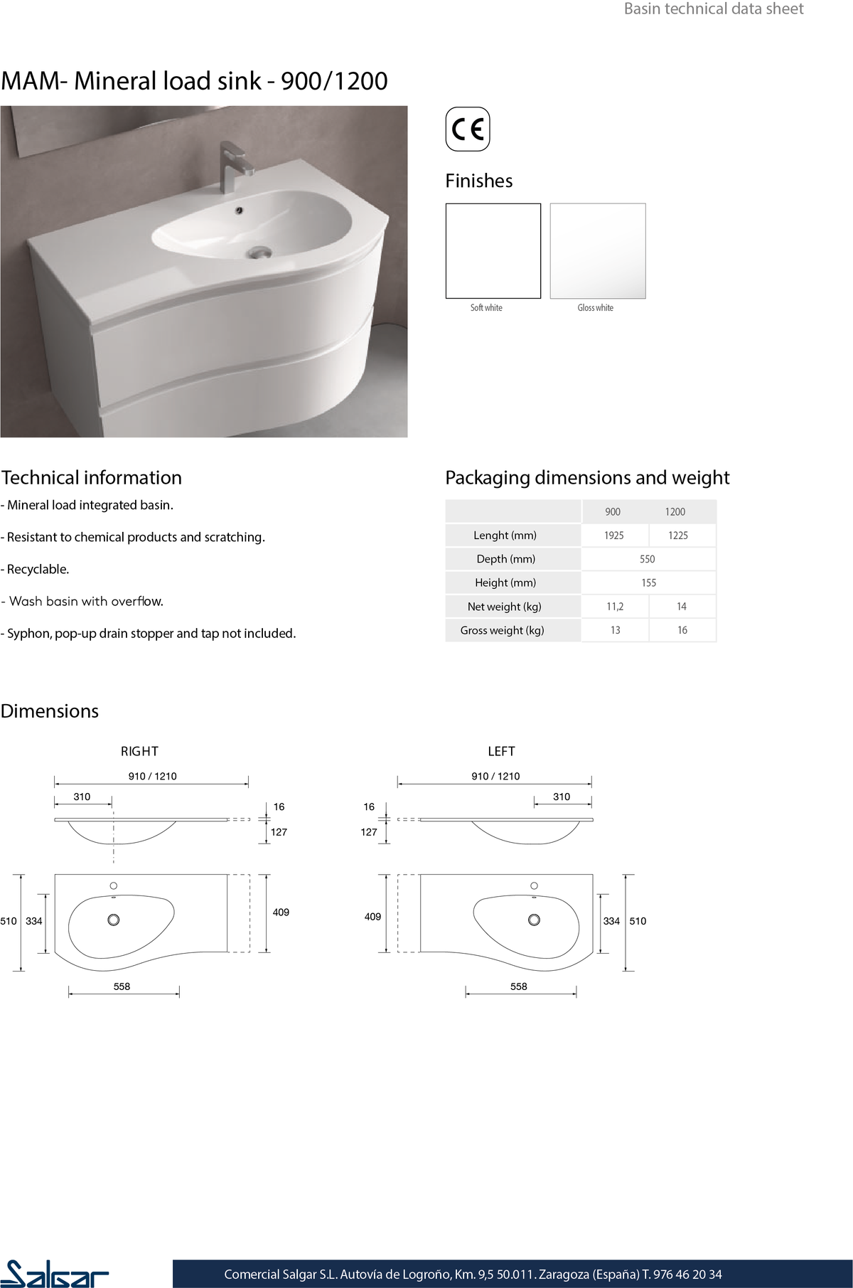 Plan vasque intégré MAM solid surface DÉCALÉ À DROITE blanc mat